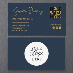 Navy Blue Gold Logo QR Code Professional Company Business Card