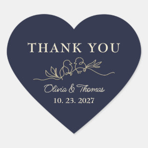Navy Blue Gold Love Birds Wedding Thank You Heart Sticker