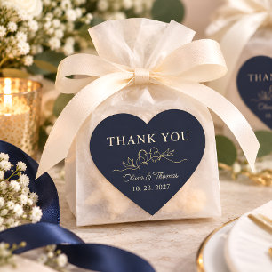 Navy Blue Gold Love Birds Wedding Thank You Heart Sticker