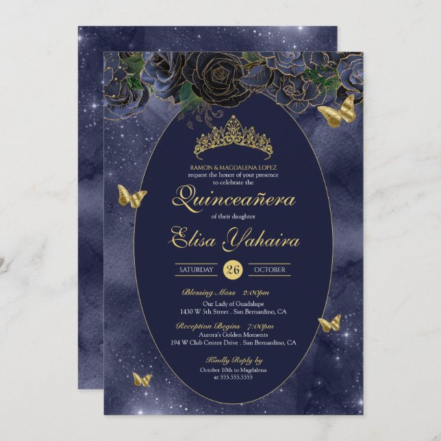 Navy Blue Gold Luxury Butterfly Quinceanera Invitation (Front/Back)