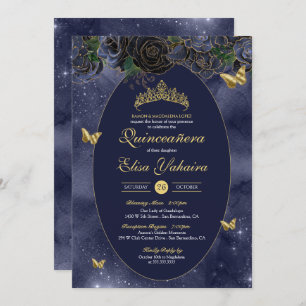 Navy Blue Gold Luxury Butterfly Quinceanera Invitation