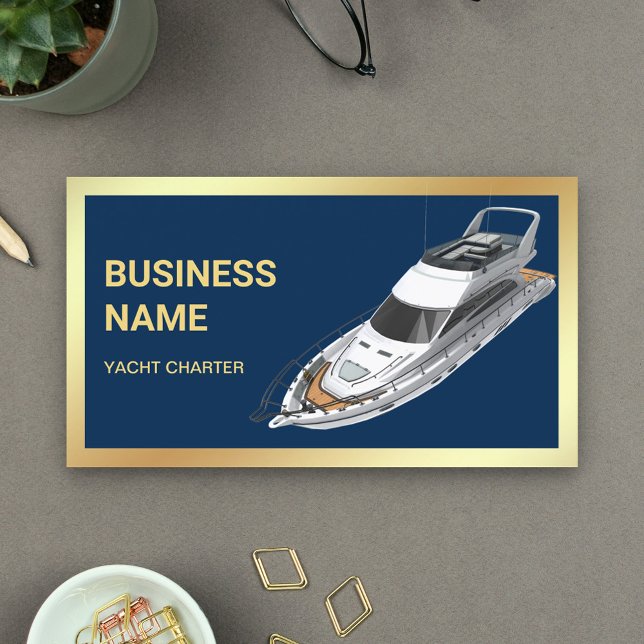 Navy Blue Gold Luxury Yacht Charter Business Card (Creator Uploaded)