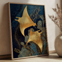 Navy Blue& Gold Manta Rays Elegant Kintsugi Art