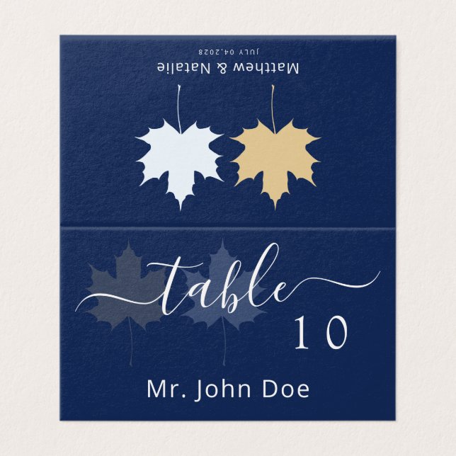 Navy Blue Gold Maple Leaf Table Guest Name Elegant (Outside Unfolded)