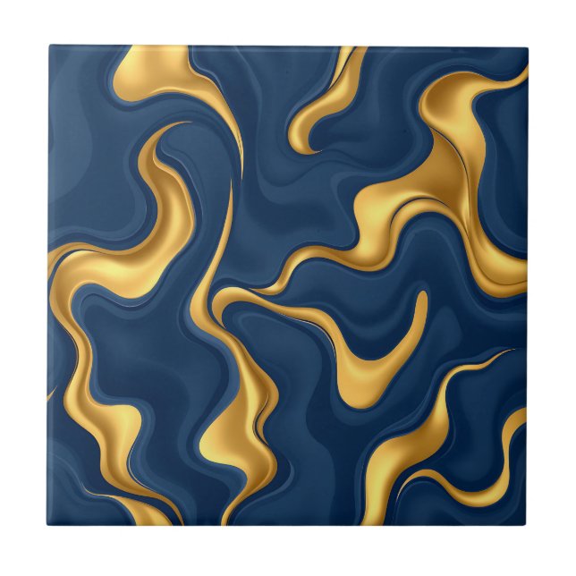 Navy Blue Gold Marble Abstract Luxury Swirl Ceramic Tile (Front)