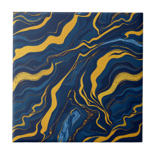 Navy Blue Gold Marble Abstract Luxury Topographic Ceramic Tile