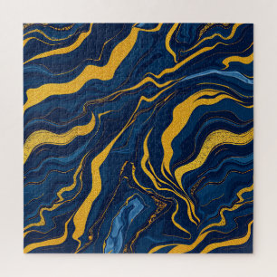 Navy Blue Gold Marble Abstract Luxury Topographic Jigsaw Puzzle