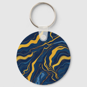 Navy Blue Gold Marble Abstract Luxury Topographic Key Ring