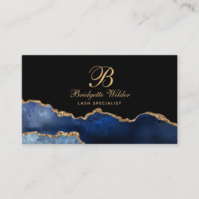 Navy Blue Gold Marble Agate Lash Specialist Business Card (Front)