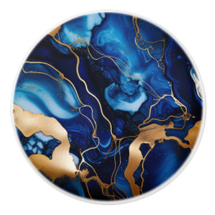 Navy Blue Gold Marble Alcohol Ink Abstract Ceramic Knob