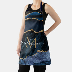 Navy Blue Gold Marble Apron Custom Letter and Name