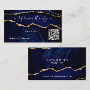 Navy Blue Gold Marble Business Card with QR Code