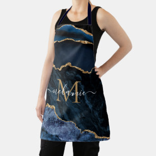 Navy Blue Gold Marble Custom Letter Name Apron