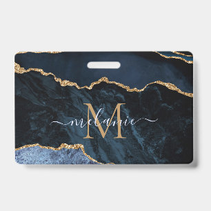 Navy Blue Gold Marble Custom Letter Name Badges ID Badge