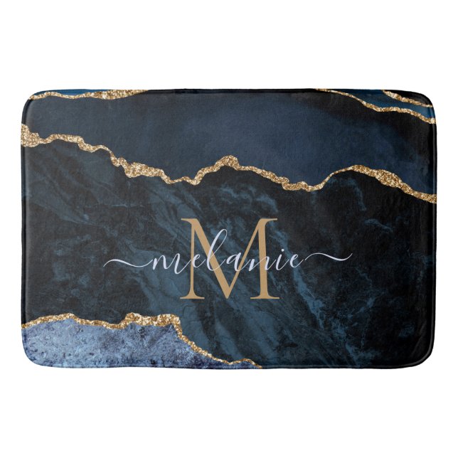 Navy Blue Gold Marble Custom Letter Name Bath Mat (Front)