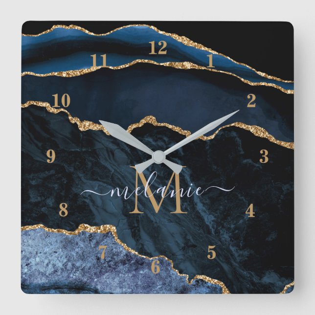 Navy Blue Gold Marble Custom Letter Name Clock (Front)