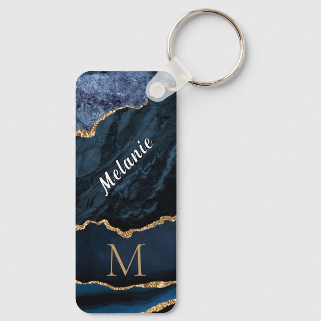 Navy Blue Gold Marble Custom Letter Name Keychain (Back)