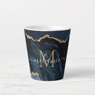 Navy Blue Gold Marble Custom Letter Name Latte Mug