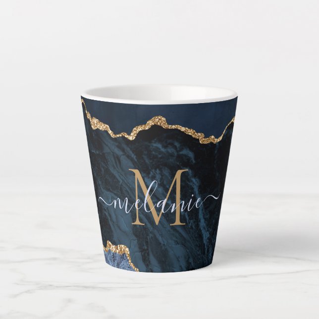 Navy Blue Gold Marble Custom Letter Name Latte Mug (Front)