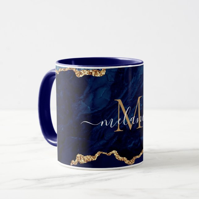 Navy Blue Gold Marble Custom Letter Name Mug (Front Left)