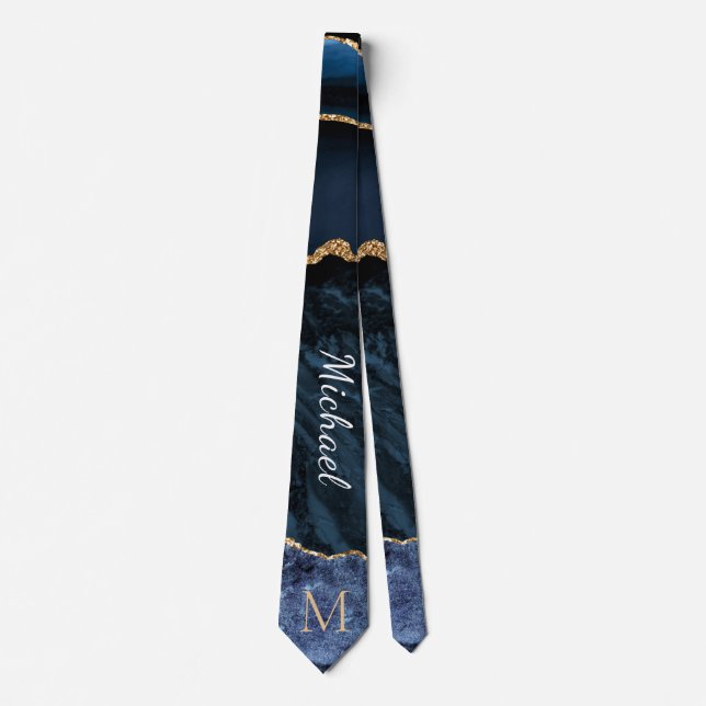 Navy Blue Gold Marble Custom Letter Name Neck Tie (Front)
