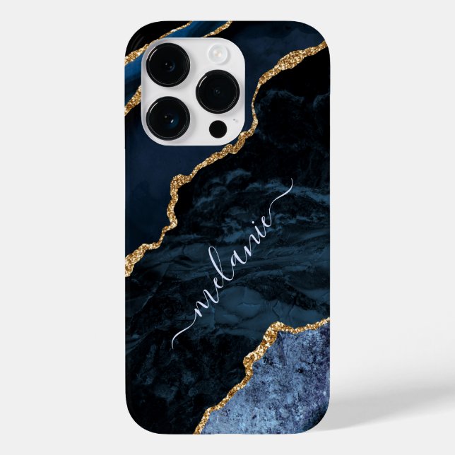 Navy Blue Gold Marble Custom Name iPhone Case (Back)