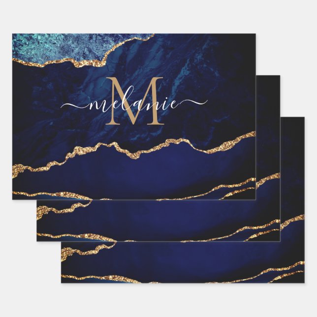 Navy Blue Gold Marble Custom Name Wrapping Paper (Set)