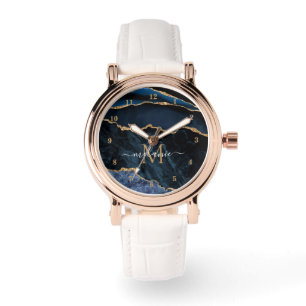 Navy Blue Gold Marble Custom Your Name Watch