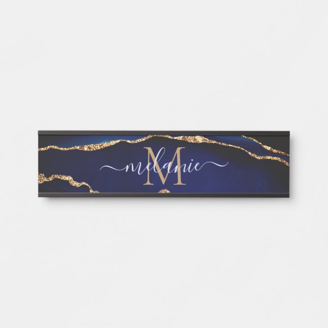 Navy Blue Gold Marble Door Sign Custom Name Letter (Front)