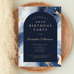 Navy Blue Gold Marble Modern Arch 50th Birthday Invitation