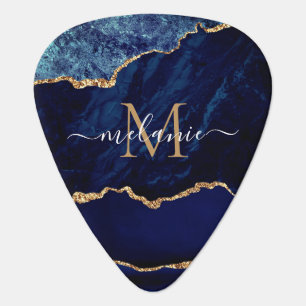 Navy Blue Gold Marble Monogram Name Guitar Pick
