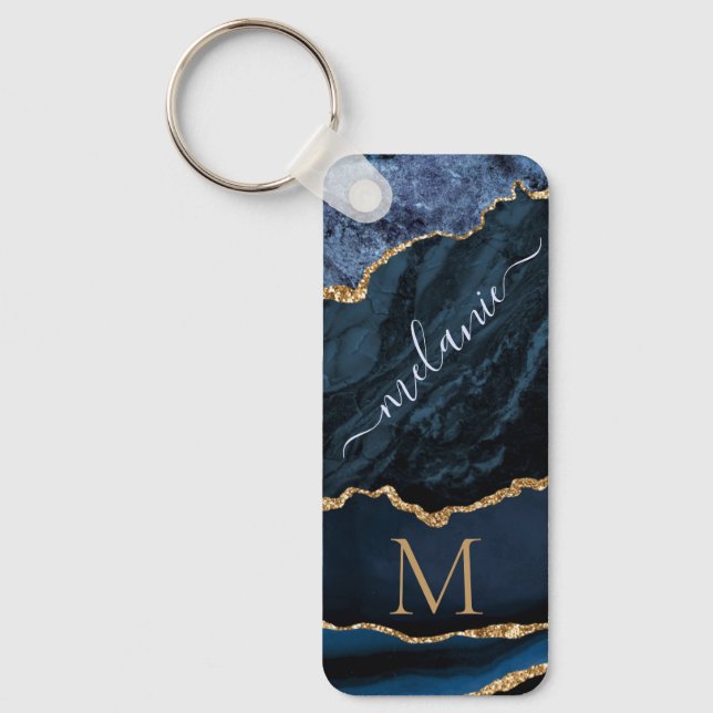Navy Blue Gold Marble Monogram Name Keychain (Front)