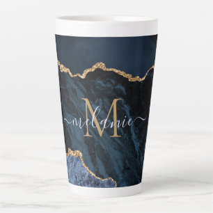 Navy Blue Gold Marble Monogram Name Latte Mug