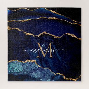 Navy Blue Gold Marble Monogram Name Puzzle Gift