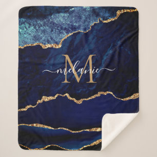 Navy Blue Gold Marble Monogram Name Sherpa Blanket