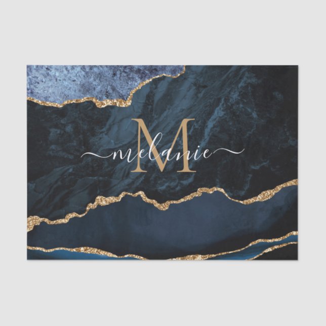 Navy Blue Gold Marble Monogram Name Tissue Paper (Front)