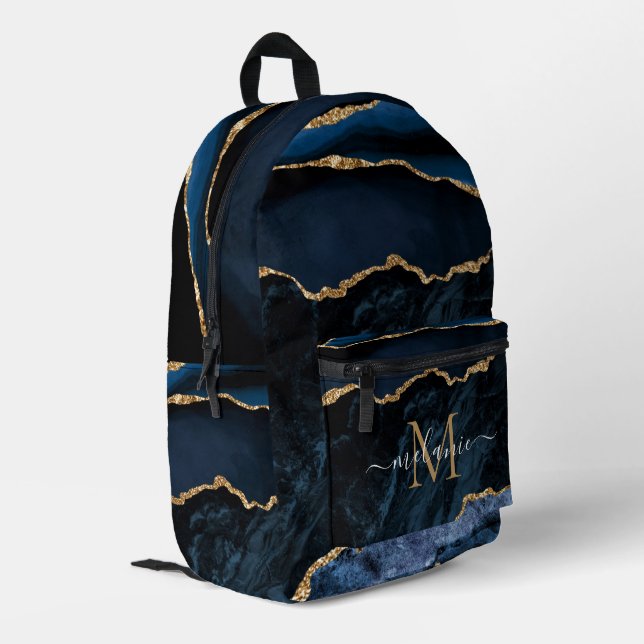 Navy Blue Gold Marble Monogram Your Name Backpack (Back Corner Left)