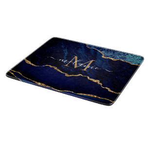 Navy Blue Gold Marble Name Letter Cutting Board