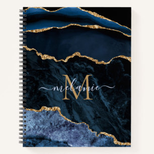 Navy Blue Gold Marble Notebook Custom Name Letter