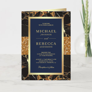 Navy Blue Gold Marble Photo QR Code Wedding Invitation