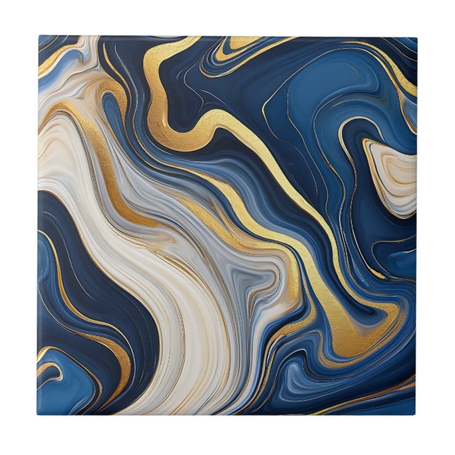Navy Blue Gold Marble Swirls Ceramic Tile (Front)