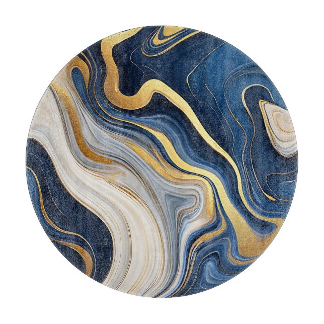 Navy Blue Gold Marble Swirls Cutting Board (Front)