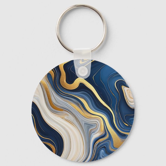 Navy Blue Gold Marble Swirls Key Ring (Front)