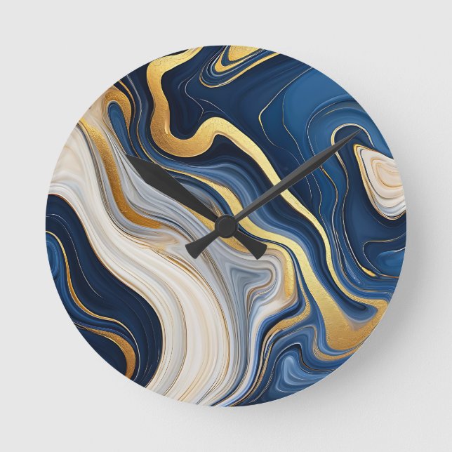 Navy Blue Gold Marble Swirls Round Clock (Front)