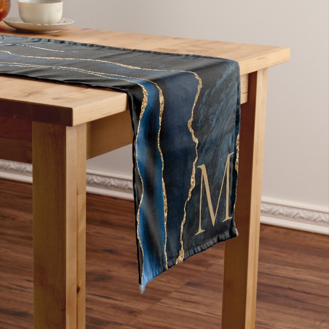 Navy Blue Gold Marble Table Runner Personalised (In Situ)