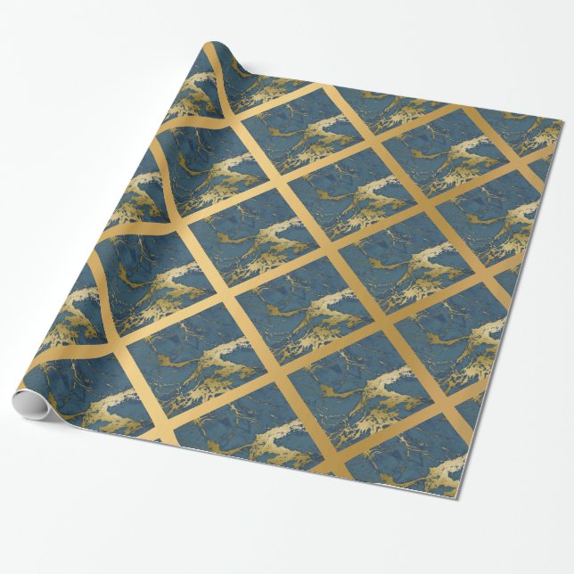 NAVY BLUE GOLD MARBLE WEDDING WRAP WRAPPING PAPER (Unrolled)