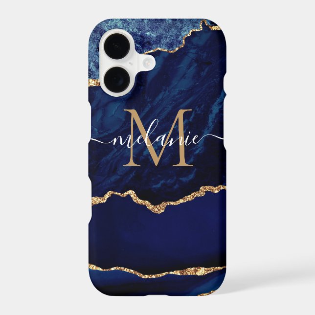 Navy Blue Gold Marble Your Letter Name iPhone Case (Back)