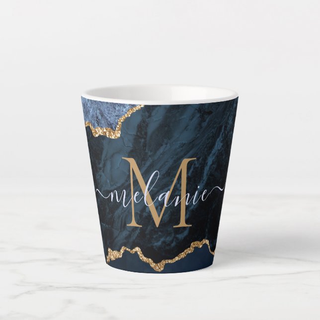 Navy Blue Gold Marble Your Letter Name Latte Mug (Front)