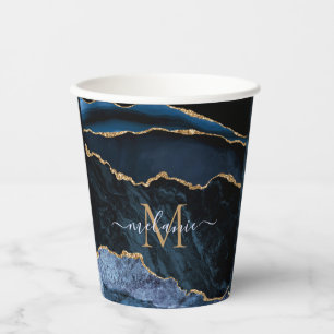 Navy Blue Gold Marble Your Letter Name Paper Cups
