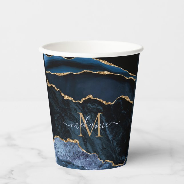 Navy Blue Gold Marble Your Letter Name Paper Cups (Front)